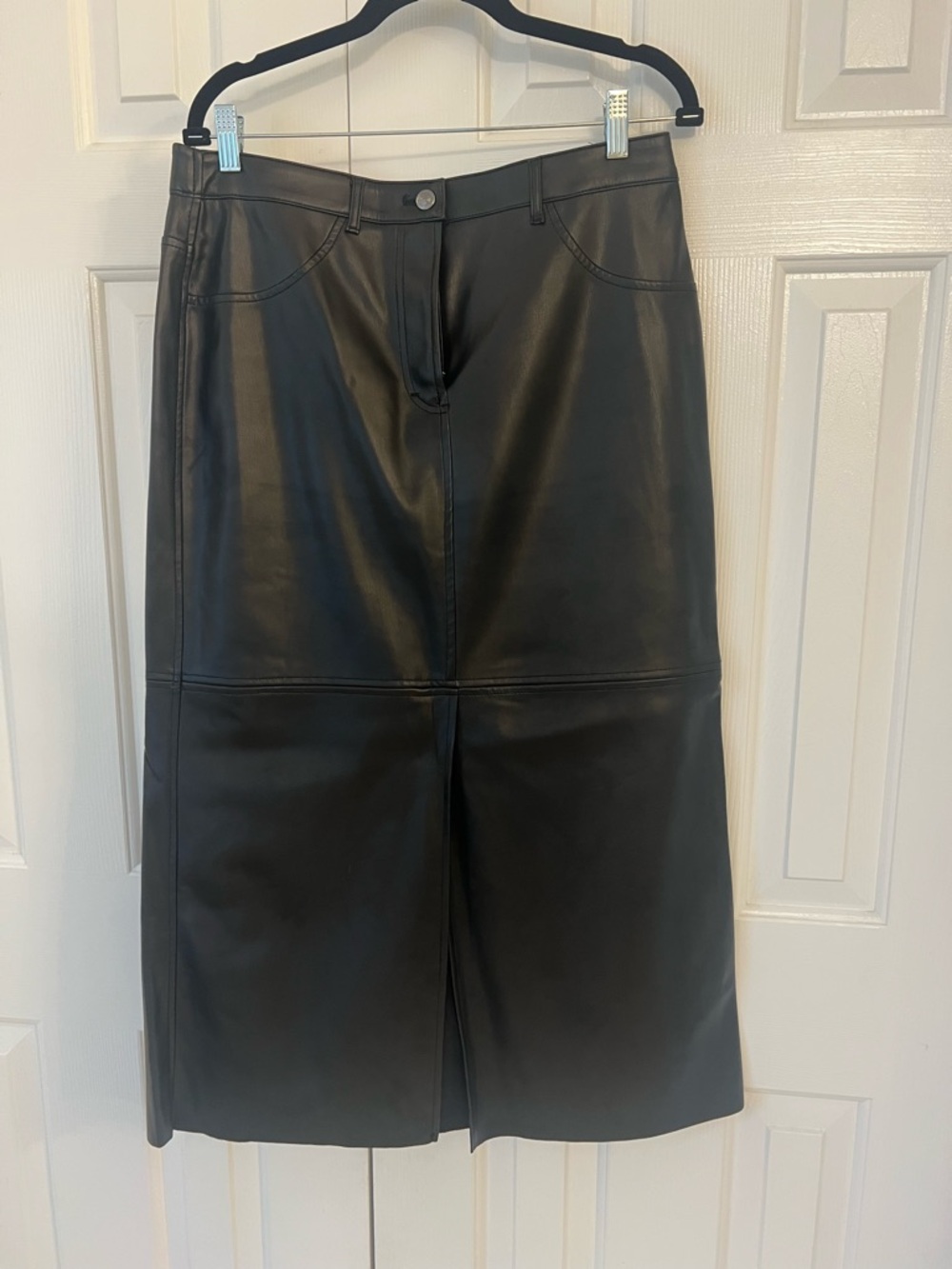 Max Studio Black Faux Leather Midi Skirt with Front Slit